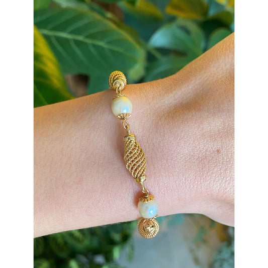 Vintage Solid 18k Yellow Gold Pearl Rope Twist Link Bracelet - 7.5 inches