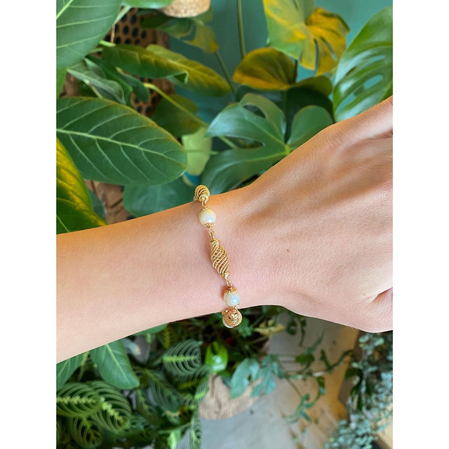 Vintage Solid 18k Yellow Gold Pearl Rope Twist Link Bracelet - 7.5 inches