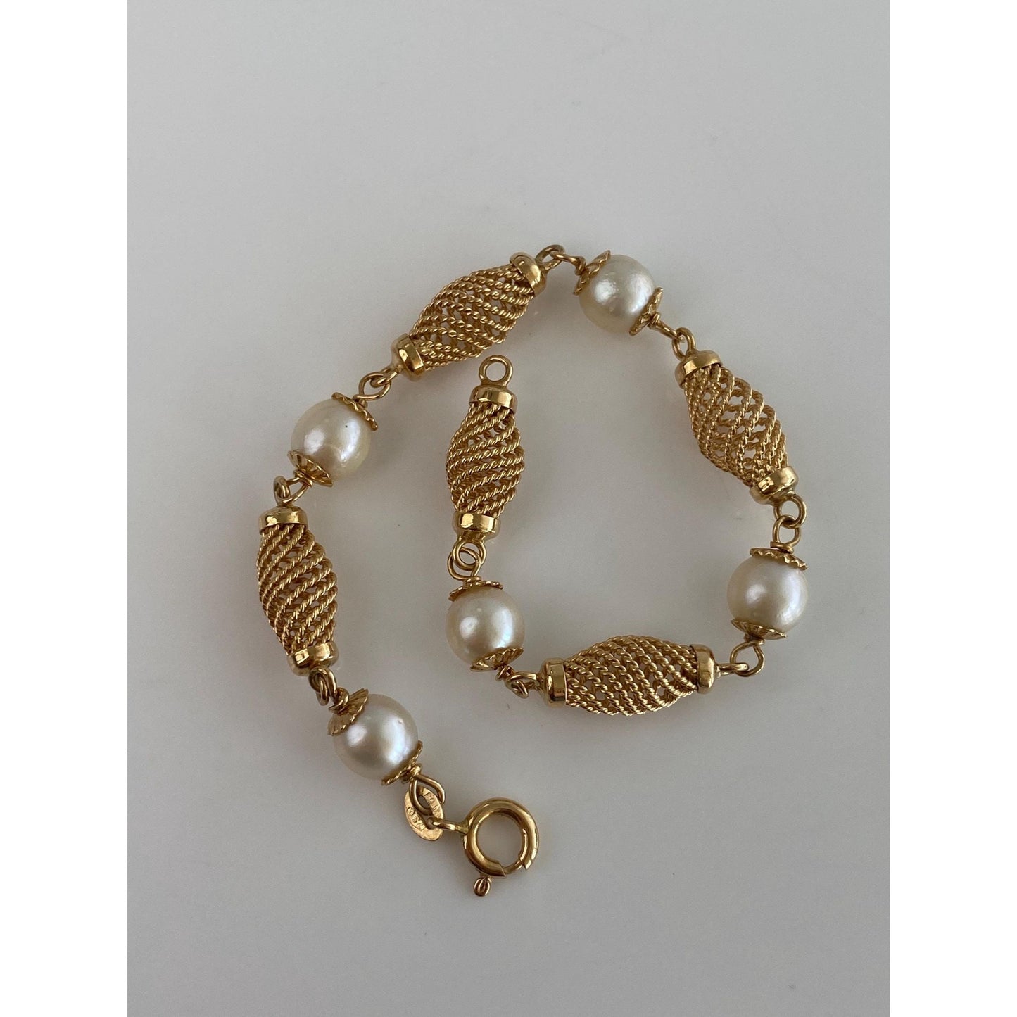 Vintage Solid 18k Yellow Gold Pearl Rope Twist Link Bracelet - 7.5 inches