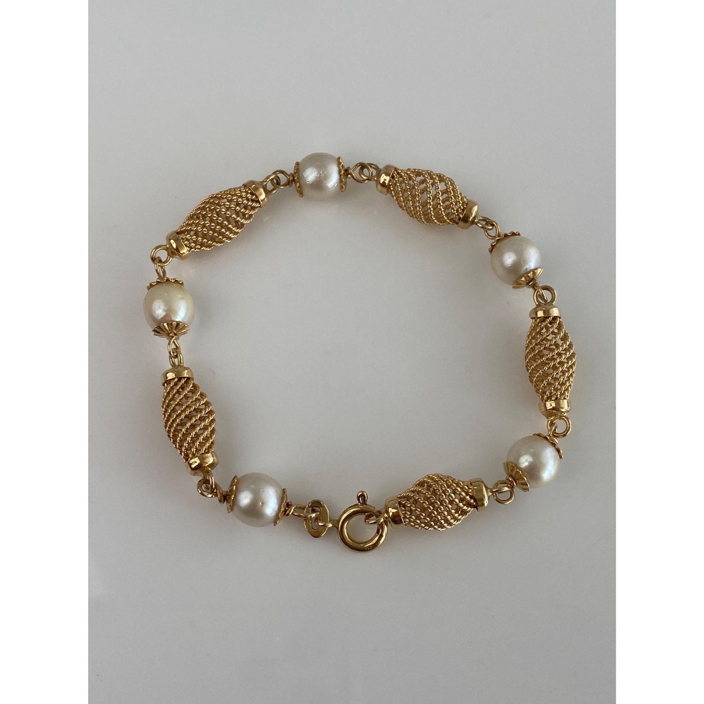 Vintage Solid 18k Yellow Gold Pearl Rope Twist Link Bracelet - 7.5 inches