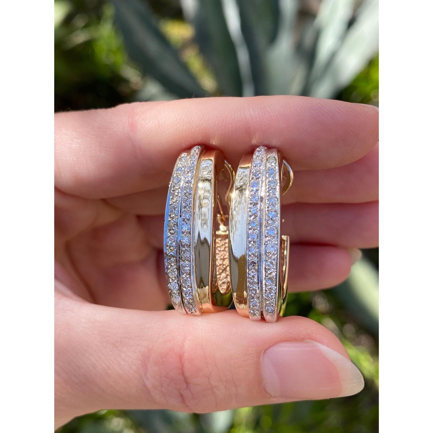 Vintage Solid 14k Yellow Gold Large Diamond Drop Hoop Earrings