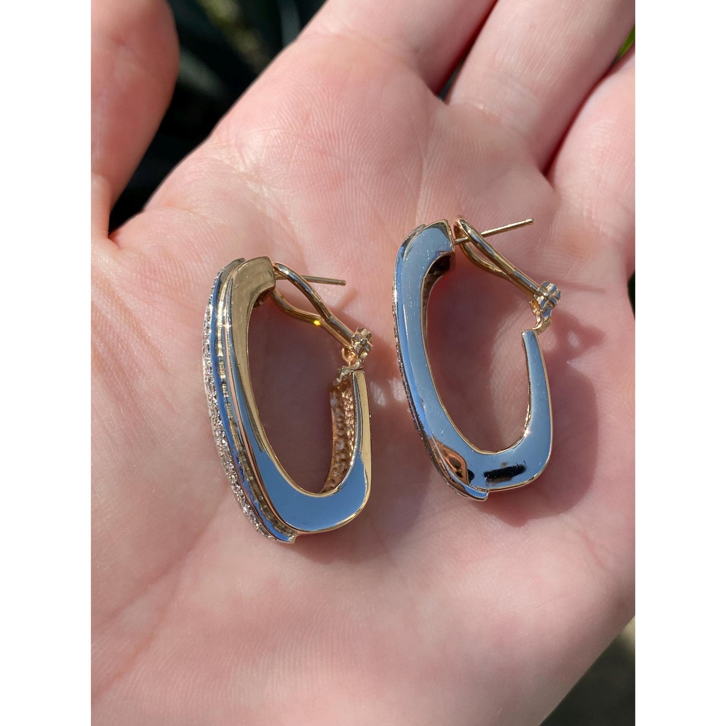 Vintage Solid 14k Yellow Gold Large Diamond Drop Hoop Earrings