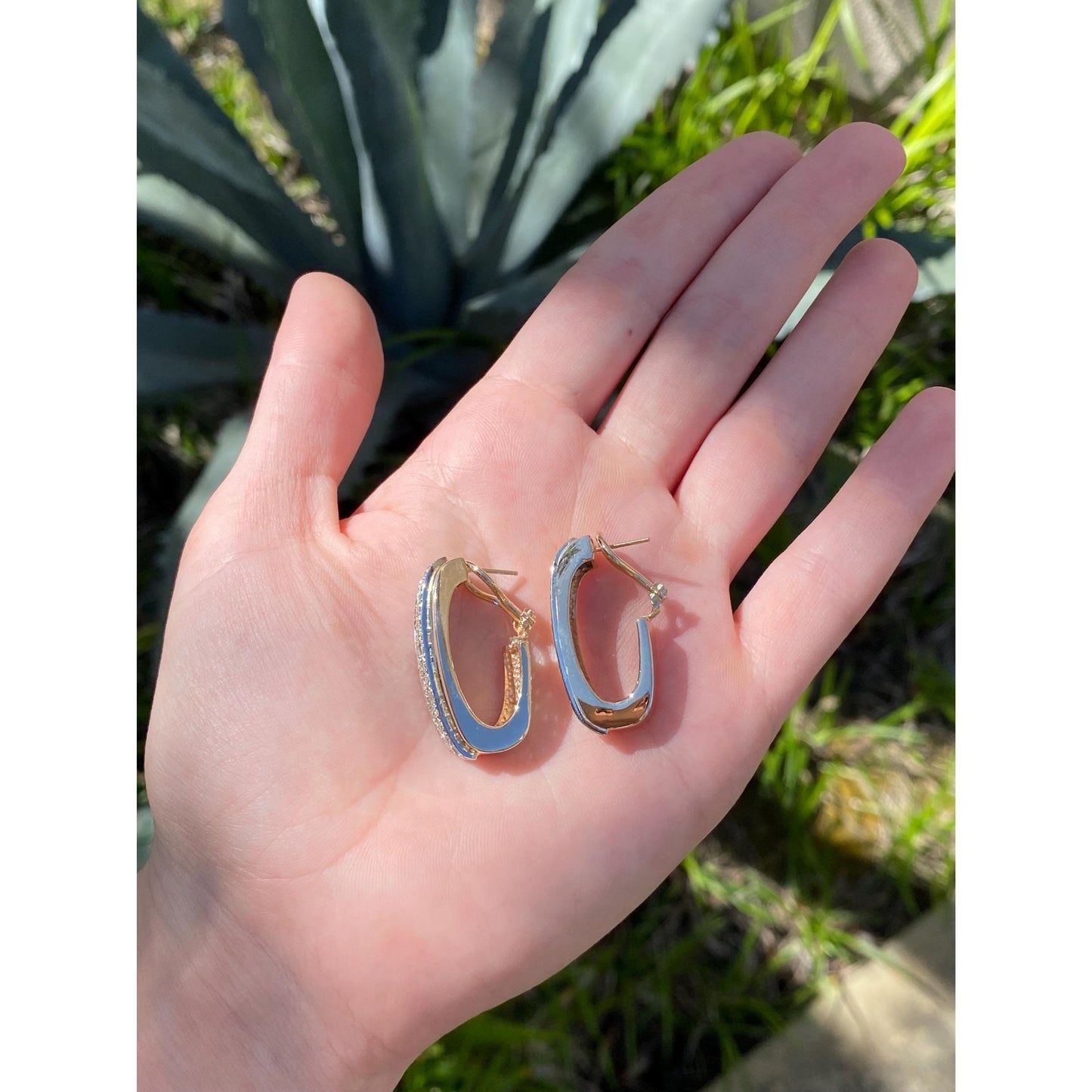 Vintage Solid 14k Yellow Gold Large Diamond Drop Hoop Earrings