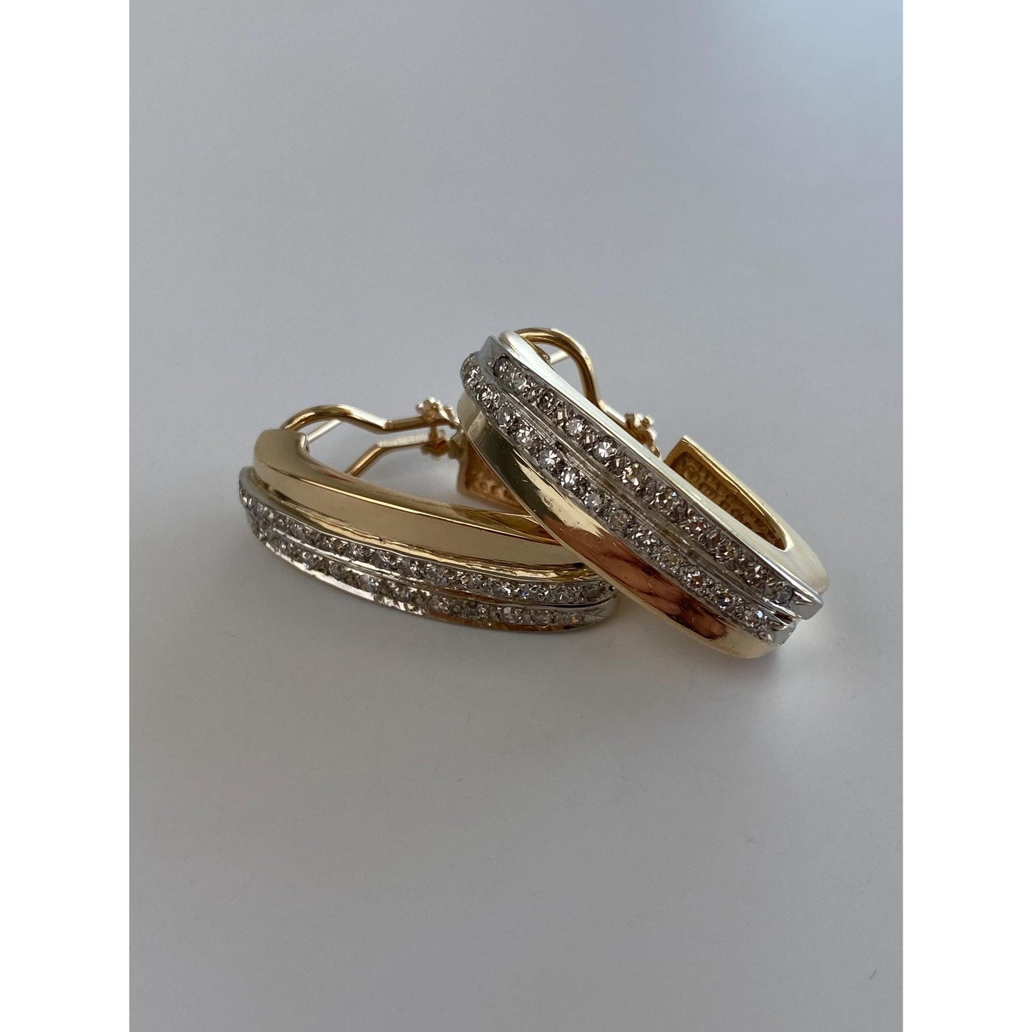 Vintage Solid 14k Yellow Gold Large Diamond Drop Hoop Earrings