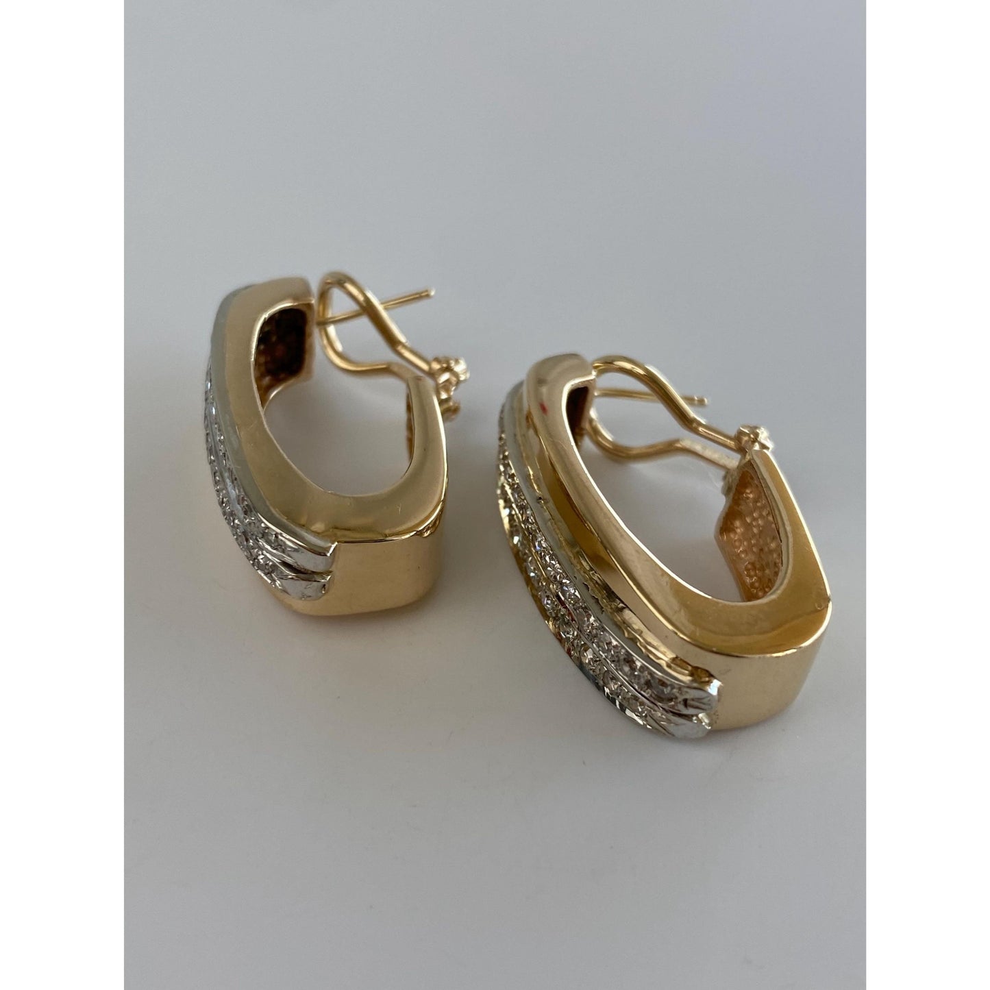Vintage Solid 14k Yellow Gold Large Diamond Drop Hoop Earrings