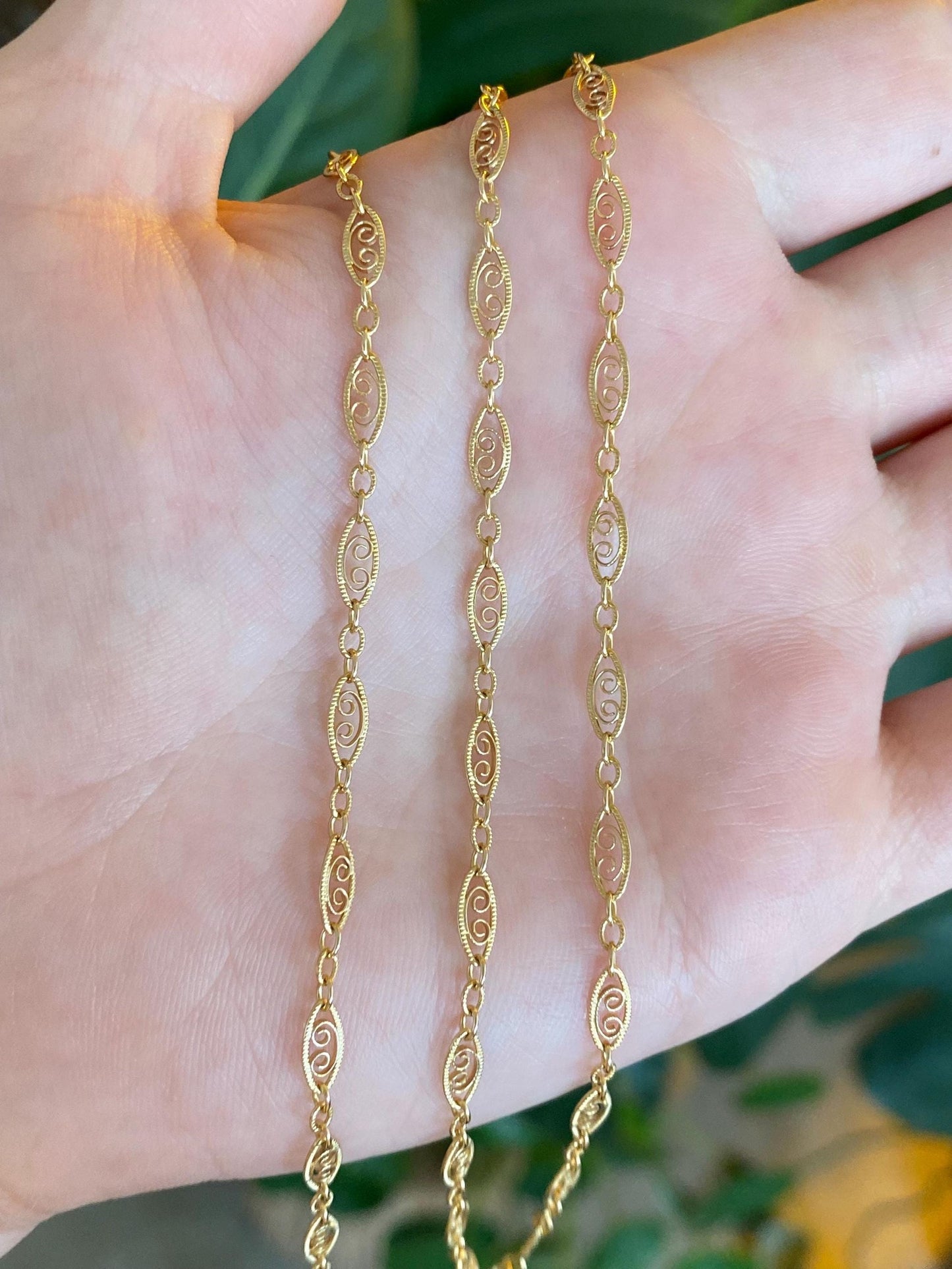 Vintage Solid 14k Yellow Gold Long Fancy Filigree Link Chain Necklace - 30 inches