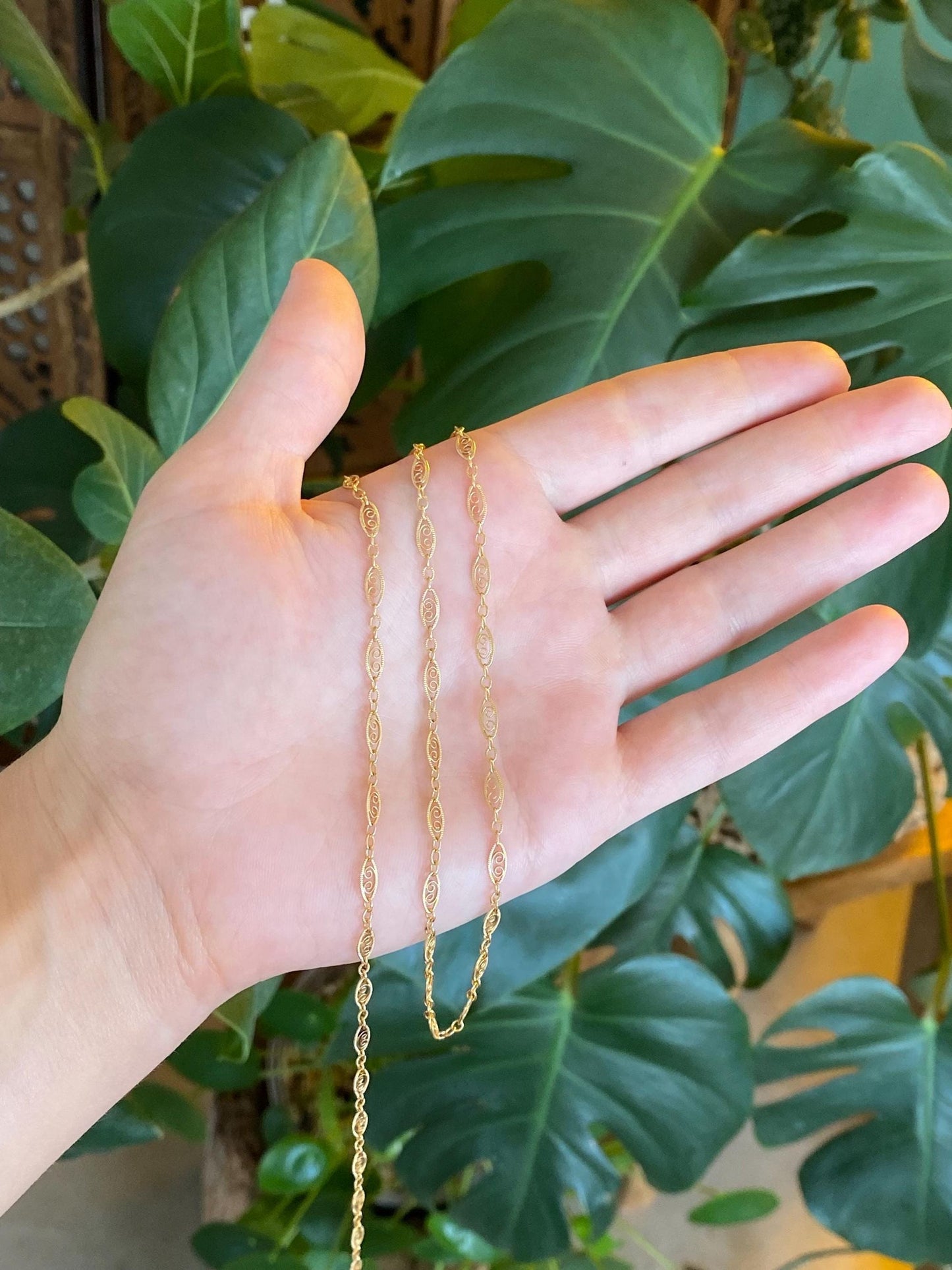 Vintage Solid 14k Yellow Gold Long Fancy Filigree Link Chain Necklace - 30 inches
