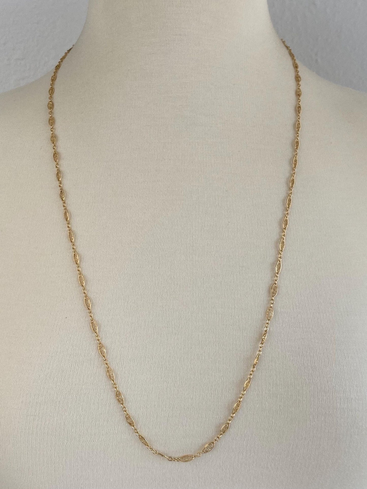 Vintage Solid 14k Yellow Gold Long Fancy Filigree Link Chain Necklace - 30 inches