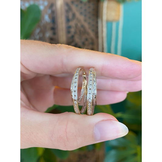 Solid 14k White & Yellow Gold Diamond Loop Hoop Earrings