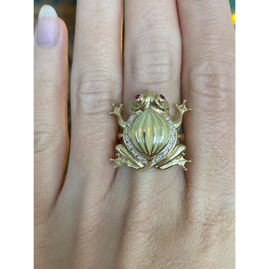 Solid 14k Yellow Gold Pink Sapphire Clear Cubic Zirconia Articulated Pregnant Frog Ring - Size 5.75
