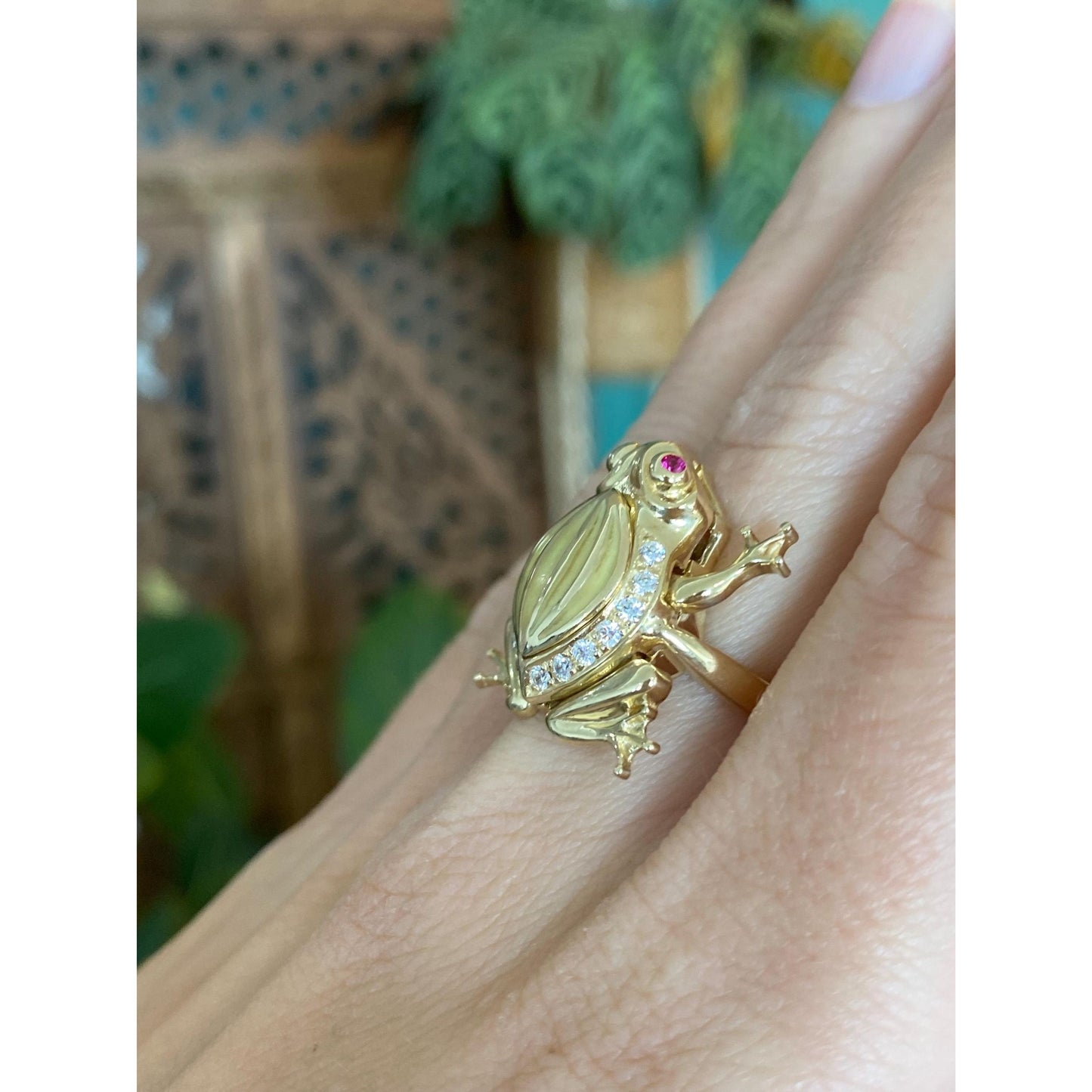 Solid 14k Yellow Gold Pink Sapphire Clear Cubic Zirconia Articulated Pregnant Frog Ring - Size 5.75