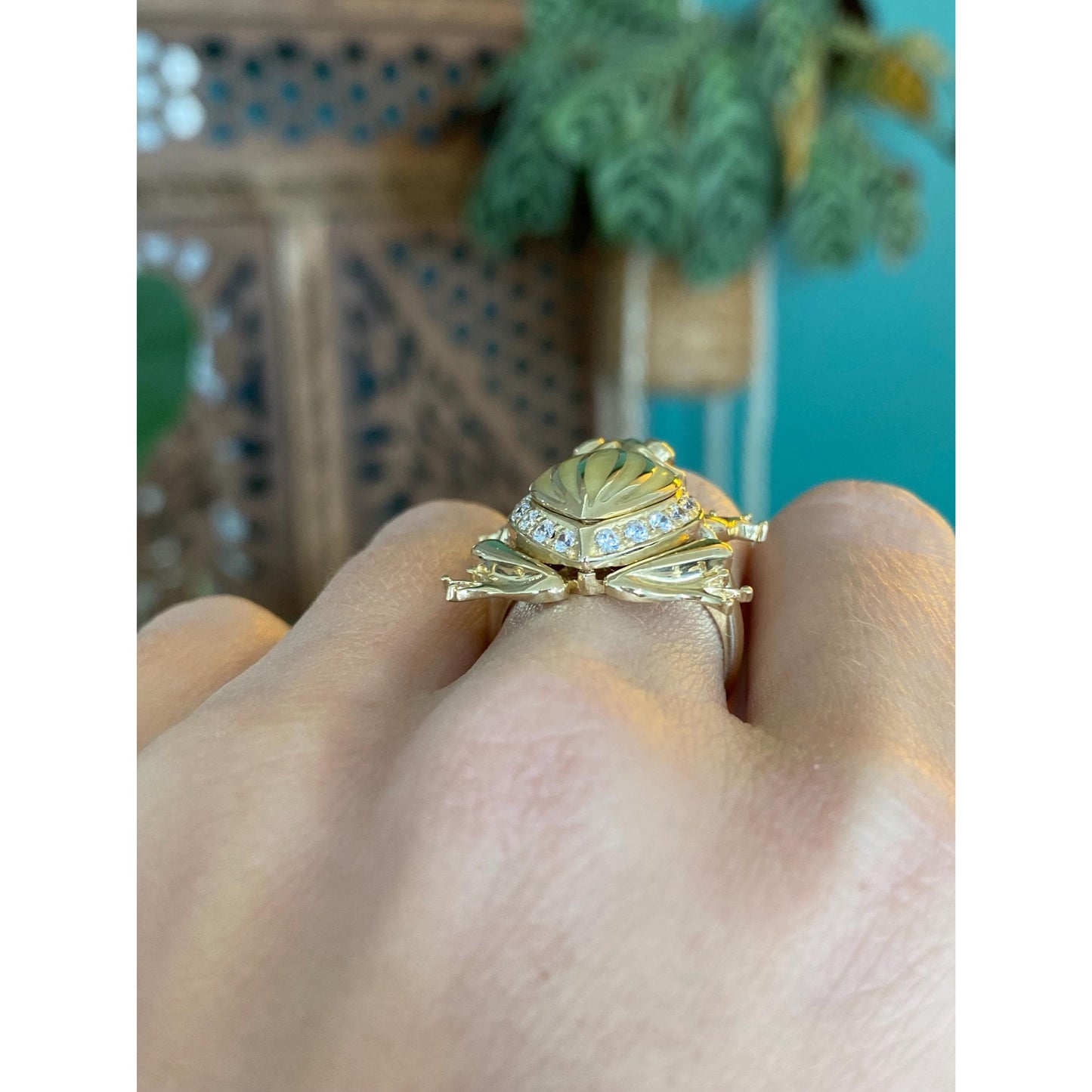 Solid 14k Yellow Gold Pink Sapphire Clear Cubic Zirconia Articulated Pregnant Frog Ring - Size 5.75