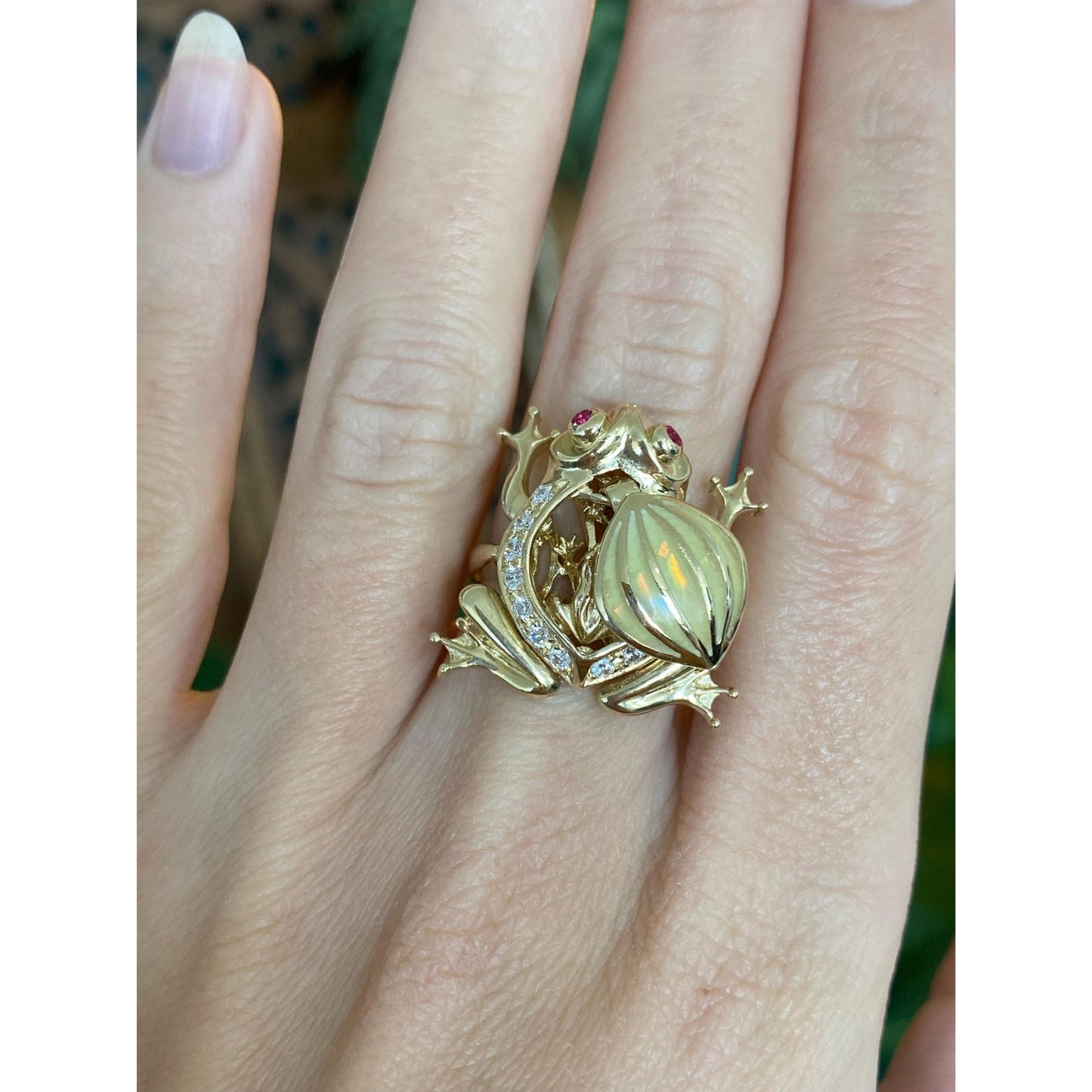 Solid 14k Yellow Gold Pink Sapphire Clear Cubic Zirconia Articulated Pregnant Frog Ring - Size 5.75