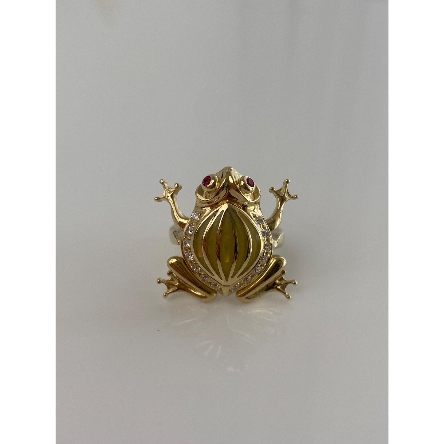 Solid 14k Yellow Gold Pink Sapphire Clear Cubic Zirconia Articulated Pregnant Frog Ring - Size 5.75