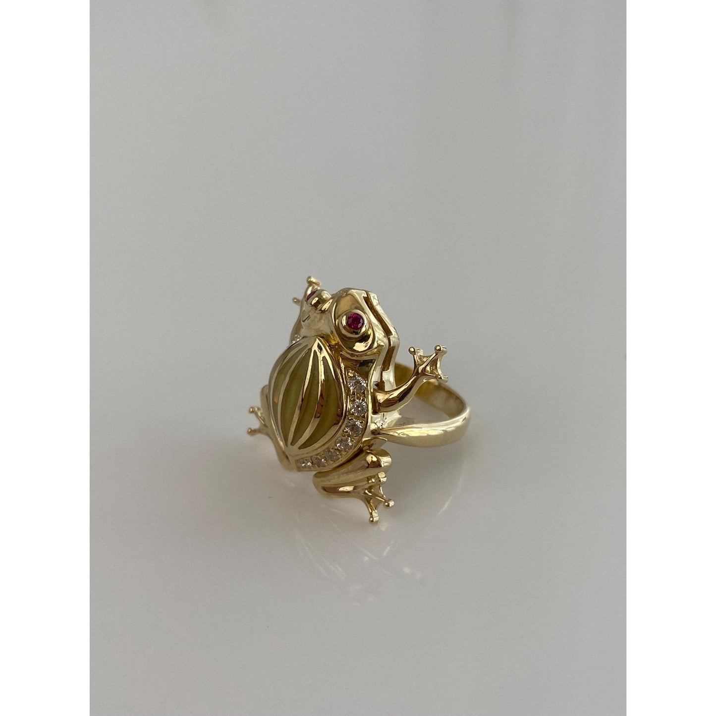 Solid 14k Yellow Gold Pink Sapphire Clear Cubic Zirconia Articulated Pregnant Frog Ring - Size 5.75