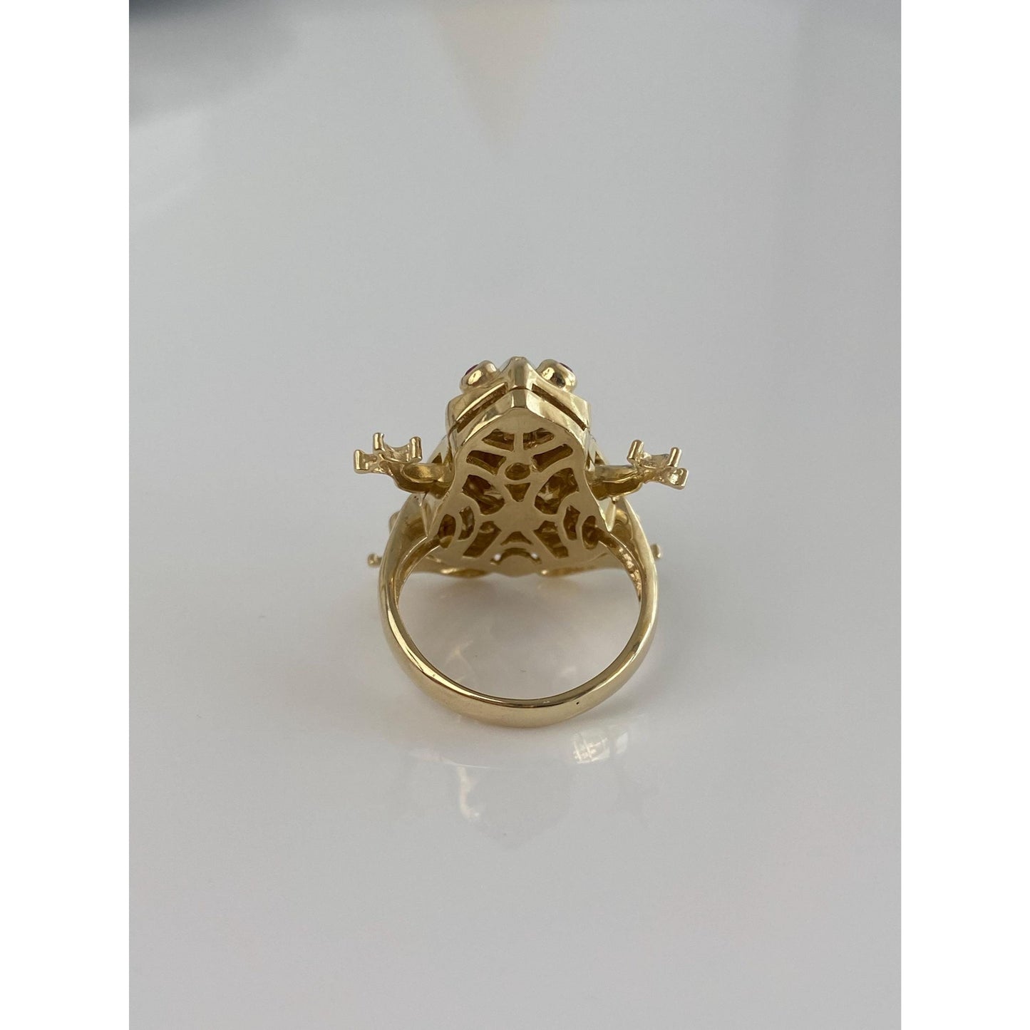 Solid 14k Yellow Gold Pink Sapphire Clear Cubic Zirconia Articulated Pregnant Frog Ring - Size 5.75