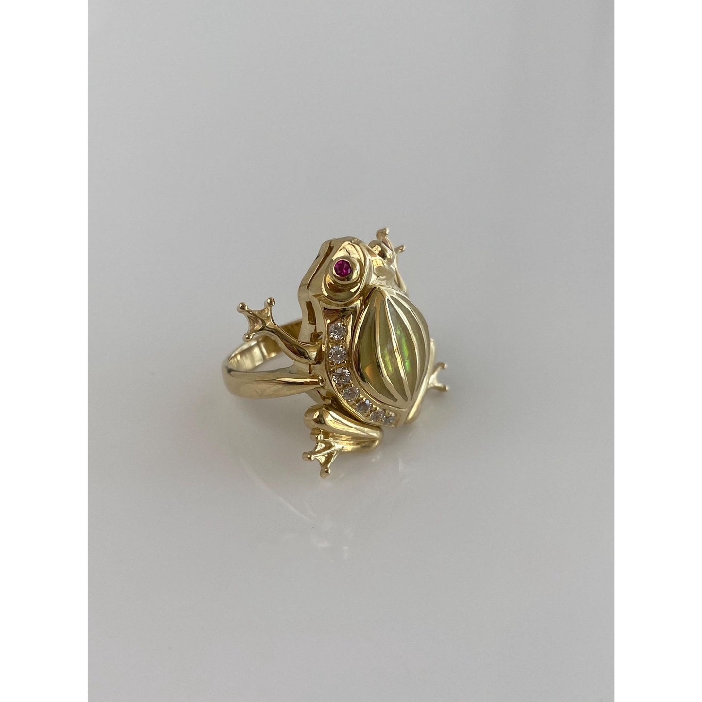 Solid 14k Yellow Gold Pink Sapphire Clear Cubic Zirconia Articulated Pregnant Frog Ring - Size 5.75