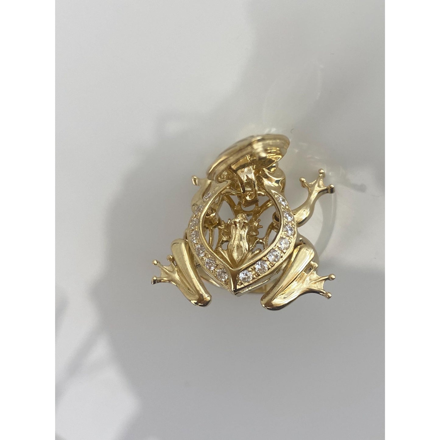 Solid 14k Yellow Gold Pink Sapphire Clear Cubic Zirconia Articulated Pregnant Frog Ring - Size 5.75