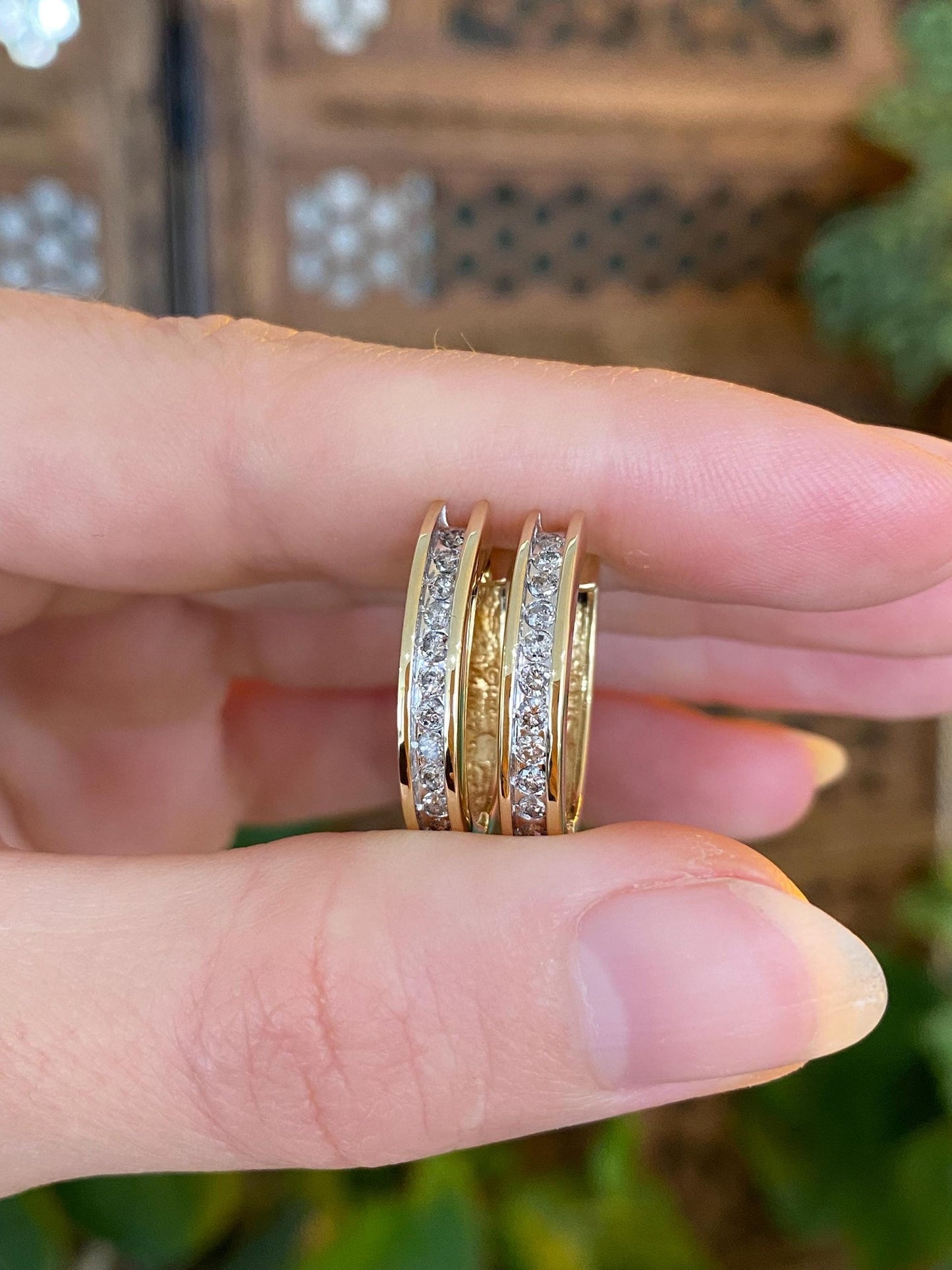 Vintage Solid 14k Yellow Gold Diamond Oval Hoop Earrings