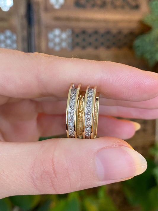 Vintage Solid 14k Yellow Gold Diamond Oval Hoop Earrings