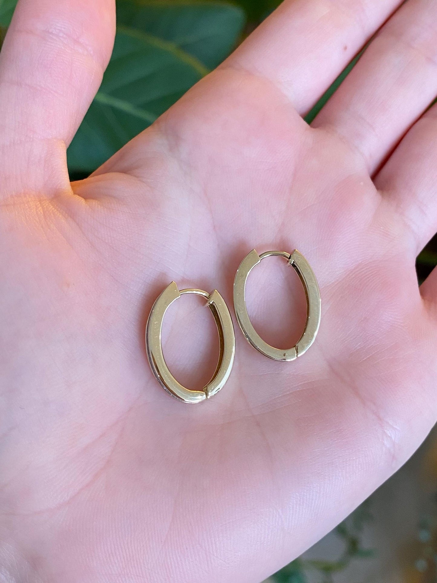 Vintage Solid 14k Yellow Gold Diamond Oval Hoop Earrings