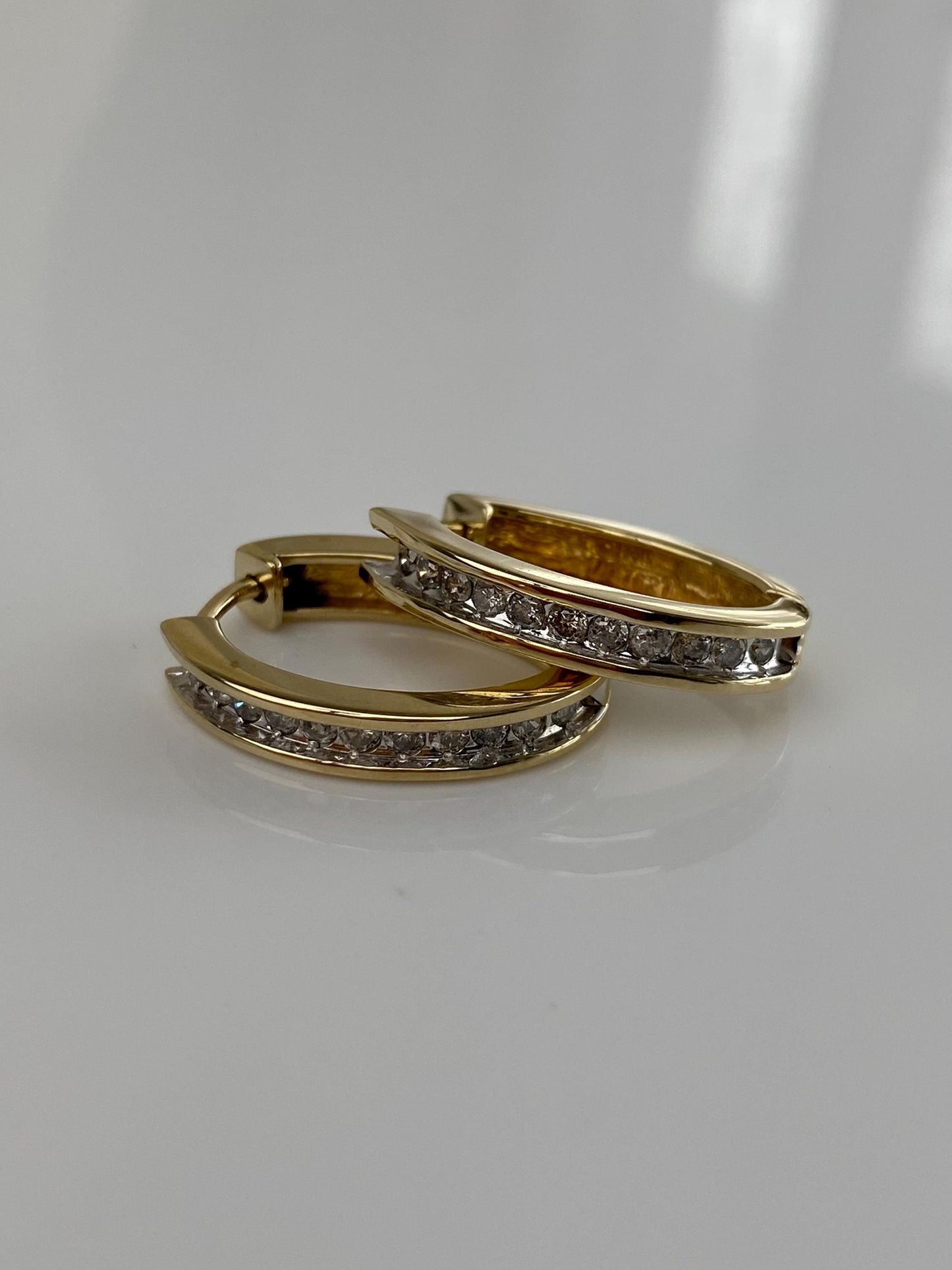 Vintage Solid 14k Yellow Gold Diamond Oval Hoop Earrings
