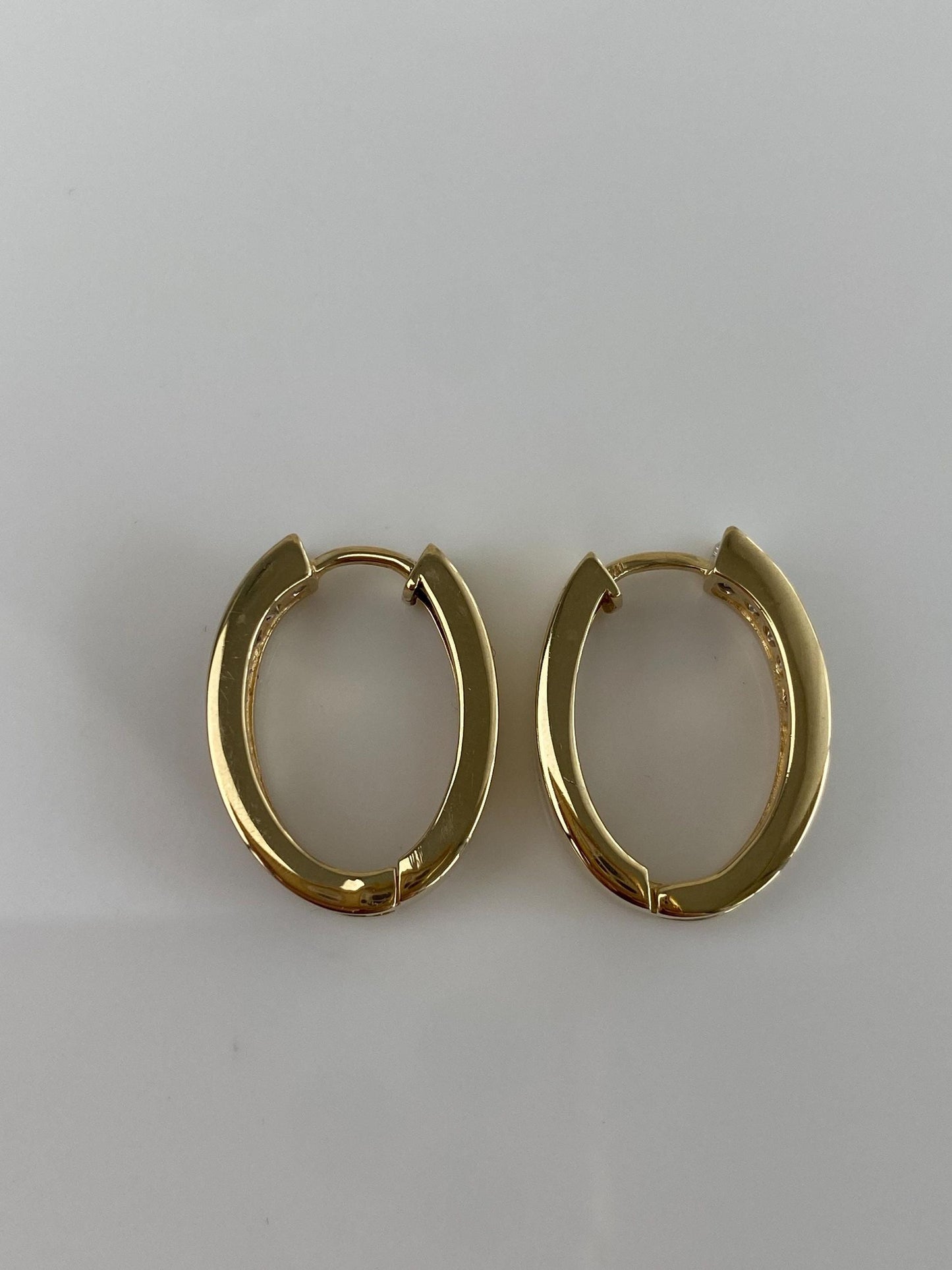 Vintage Solid 14k Yellow Gold Diamond Oval Hoop Earrings