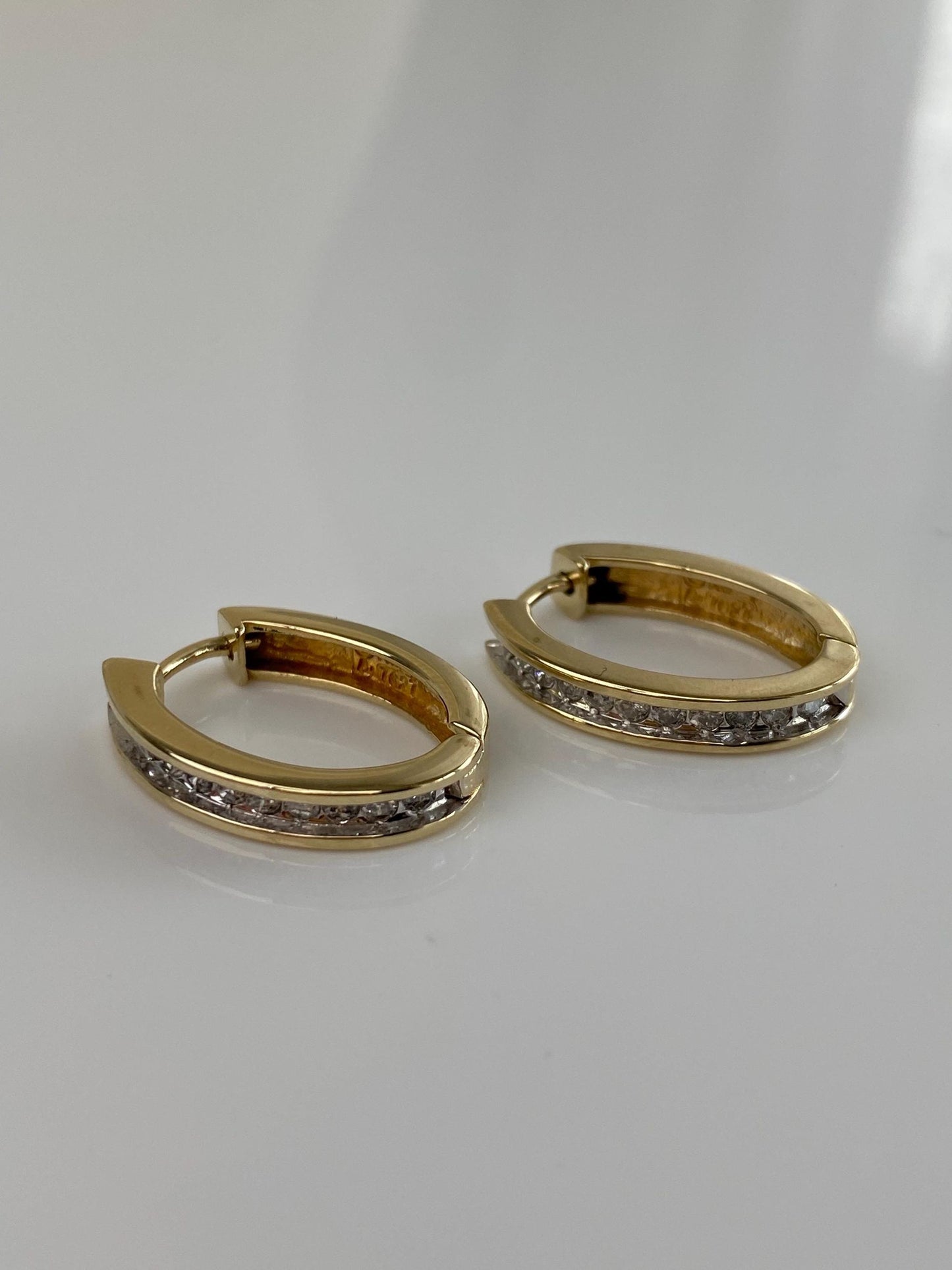 Vintage Solid 14k Yellow Gold Diamond Oval Hoop Earrings