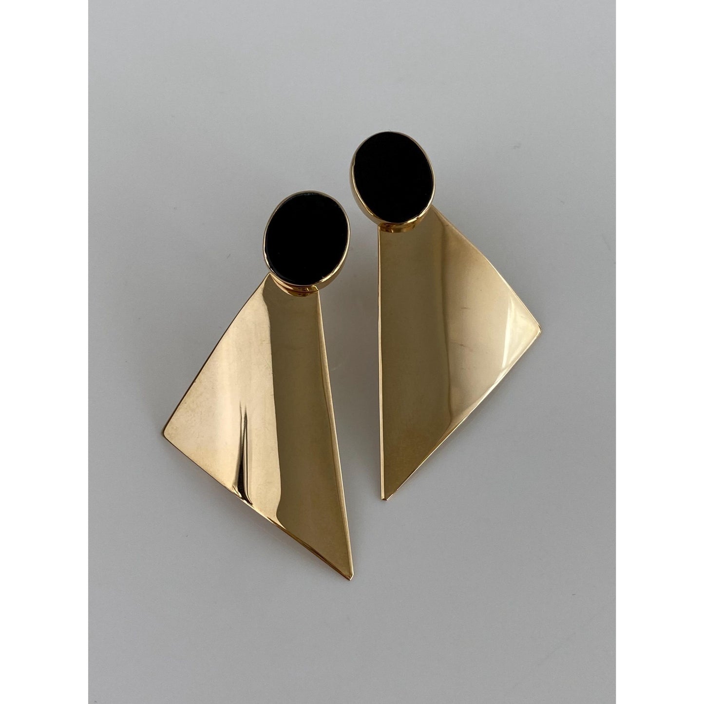 Vintage Solid 14k Yellow Gold Black Onyx Triangle Drop Earrings