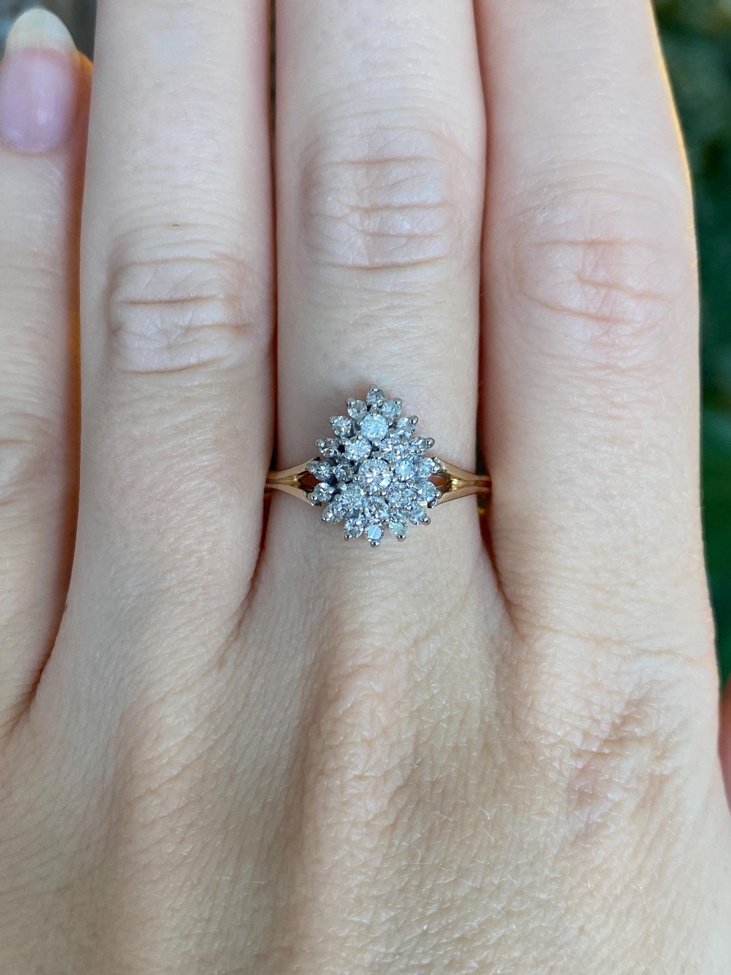 Vintage Solid 14k White & Yellow Gold Diamond Cluster Teardrop Ring - Size 8.5