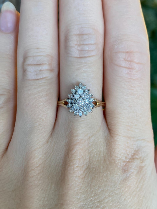 Vintage Solid 14k White & Yellow Gold Diamond Cluster Teardrop Ring - Size 8.5