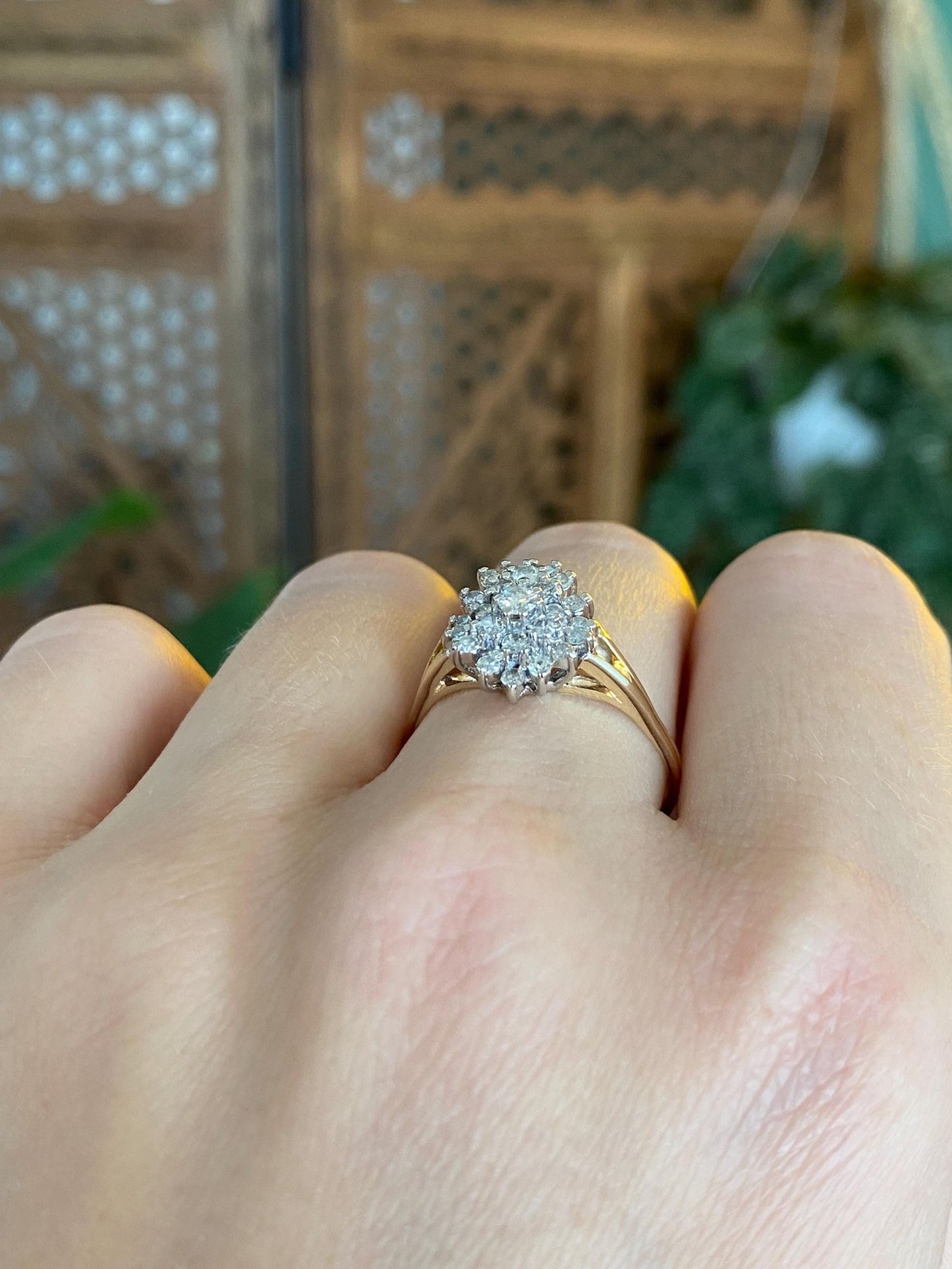 Vintage Solid 14k White & Yellow Gold Diamond Cluster Teardrop Ring - Size 8.5