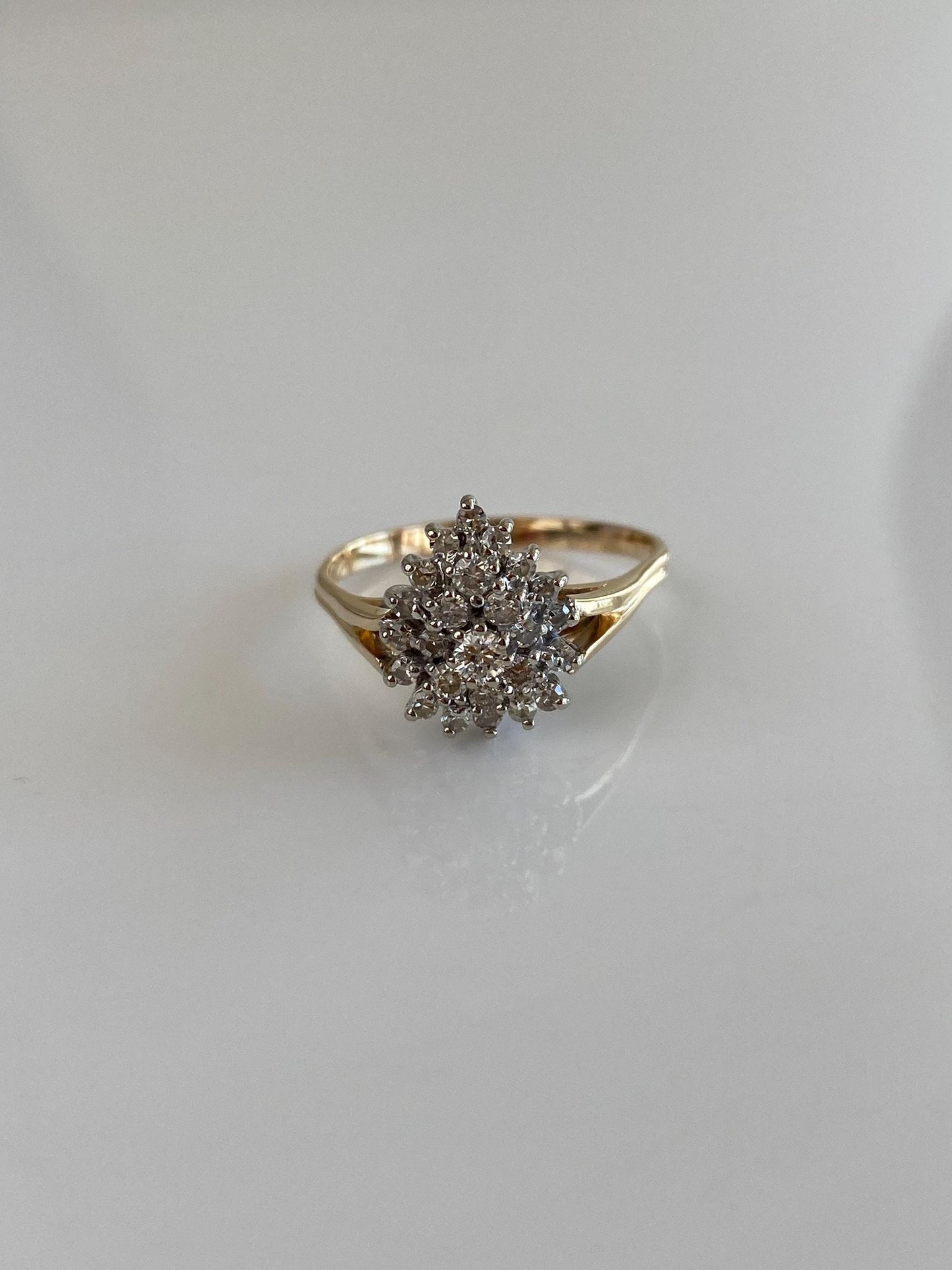 Vintage Solid 14k White & Yellow Gold Diamond Cluster Teardrop Ring - Size 8.5