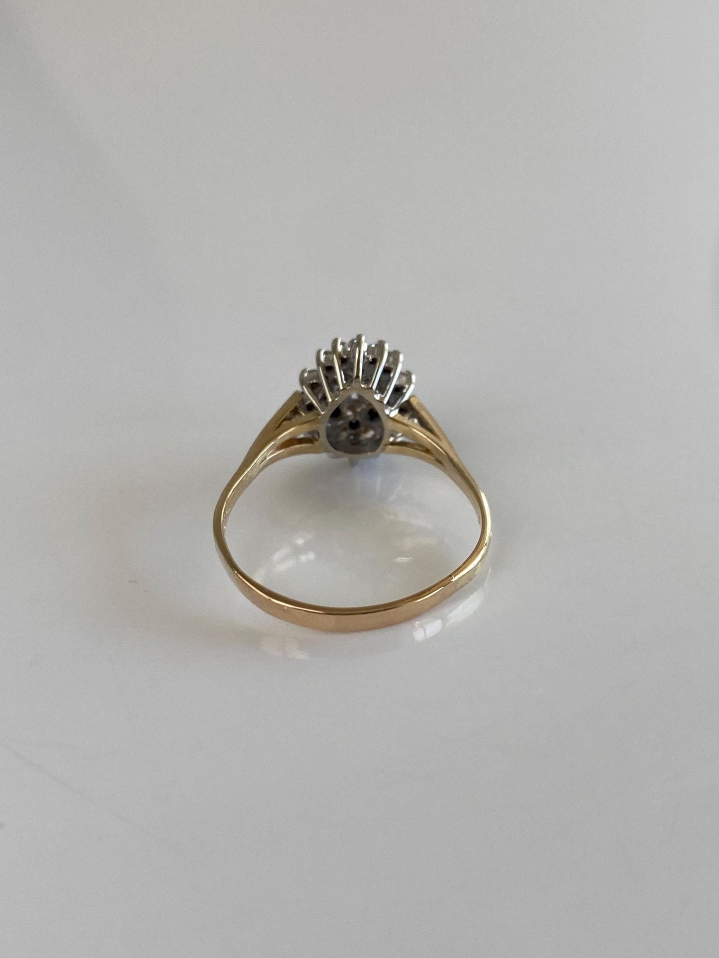 Vintage Solid 14k White & Yellow Gold Diamond Cluster Teardrop Ring - Size 8.5