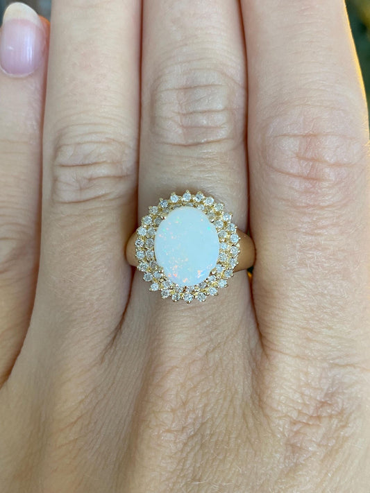 Vintage Solid 14k Yellow Gold Diamond Halo Opal Ring - Size 6.75