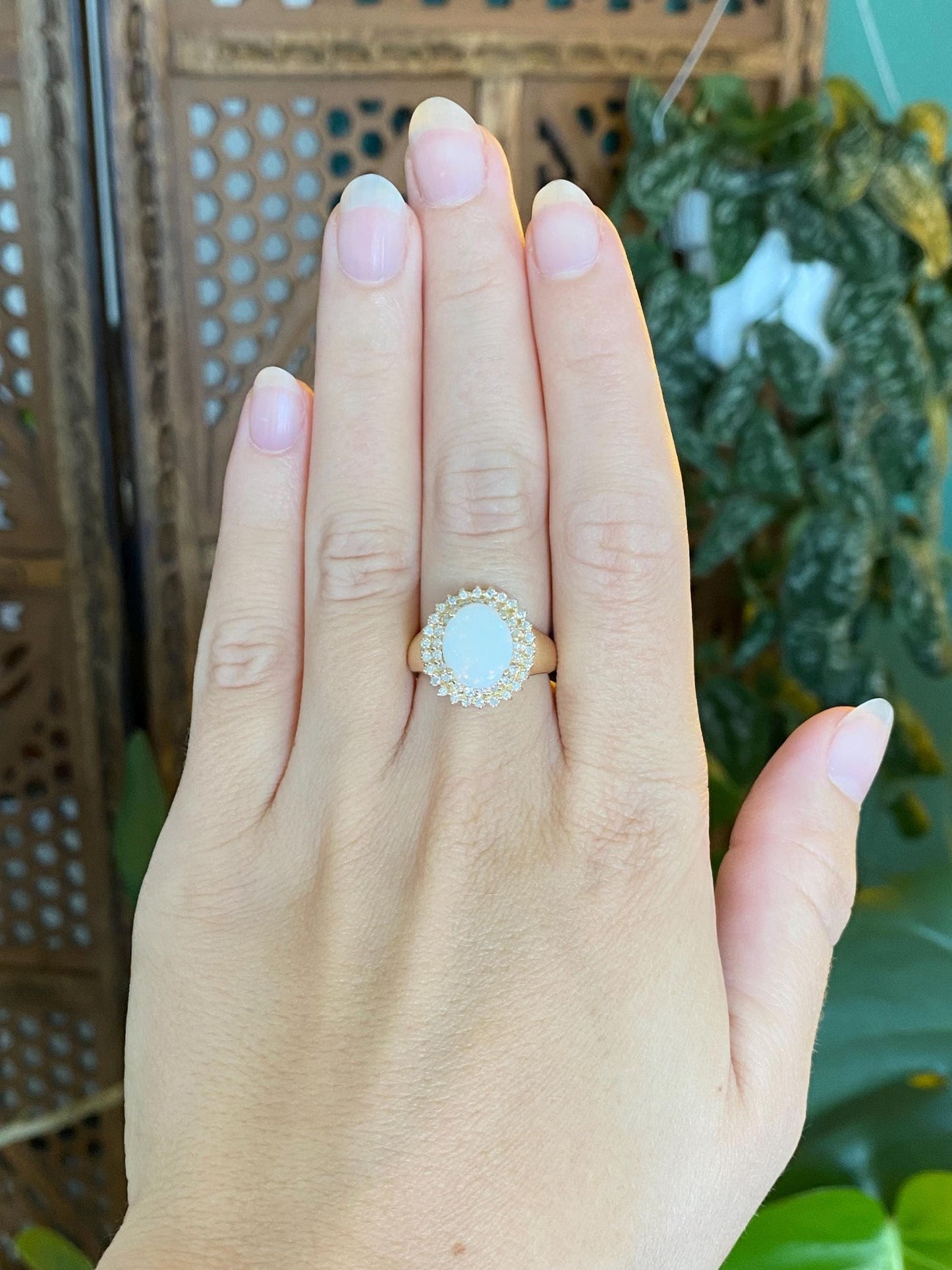 Vintage Solid 14k Yellow Gold Diamond Halo Opal Ring - Size 6.75