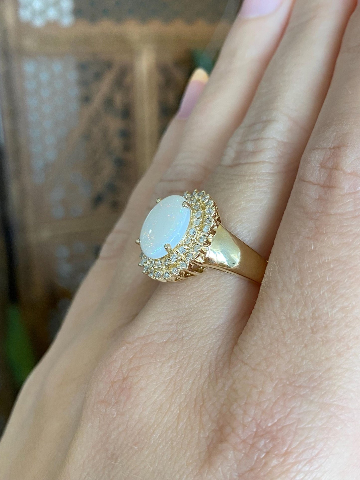 Vintage Solid 14k Yellow Gold Diamond Halo Opal Ring - Size 6.75