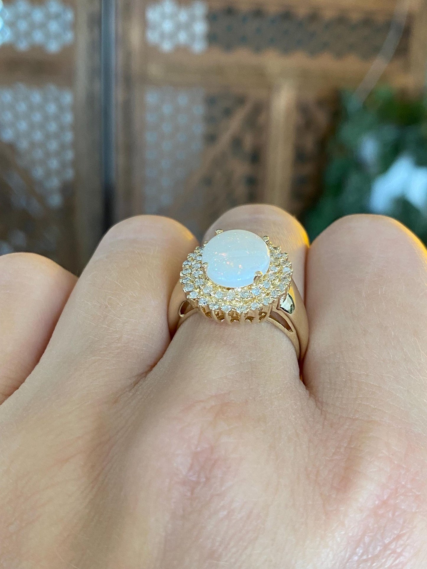 Vintage Solid 14k Yellow Gold Diamond Halo Opal Ring - Size 6.75