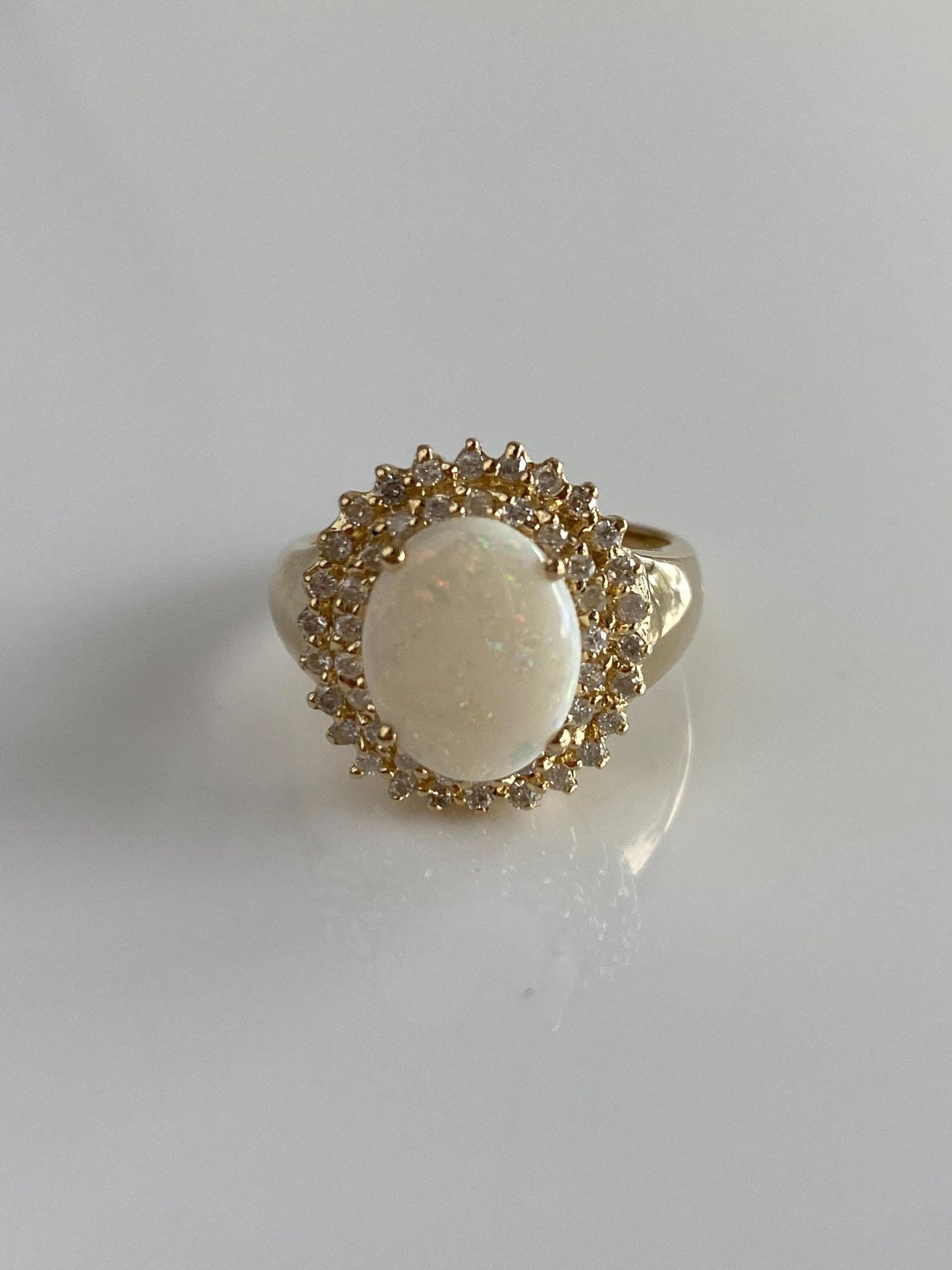 Vintage Solid 14k Yellow Gold Diamond Halo Opal Ring - Size 6.75