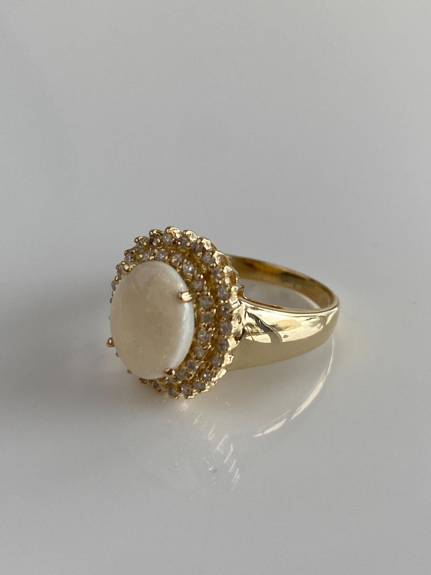 Vintage Solid 14k Yellow Gold Diamond Halo Opal Ring - Size 6.75