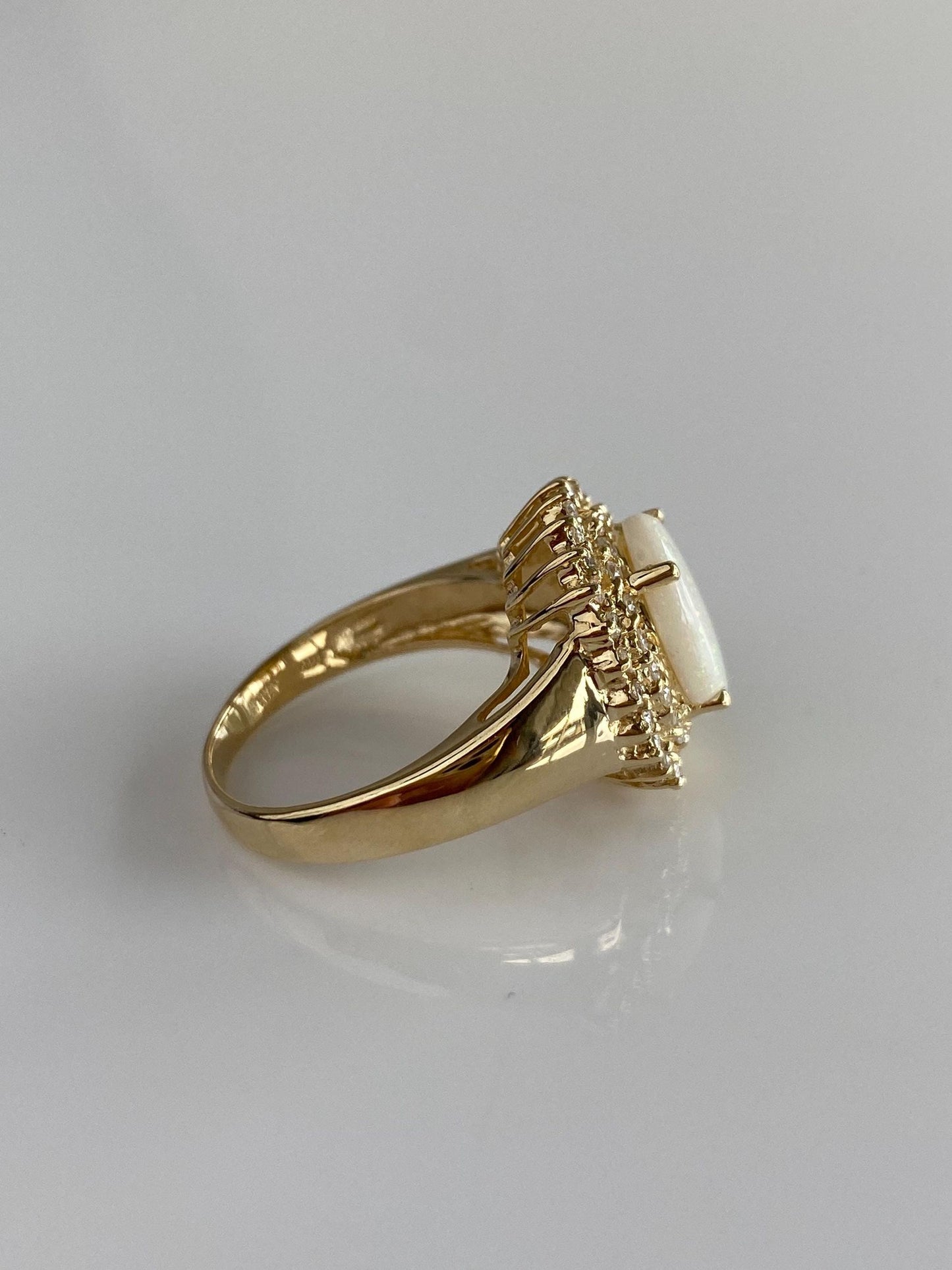 Vintage Solid 14k Yellow Gold Diamond Halo Opal Ring - Size 6.75