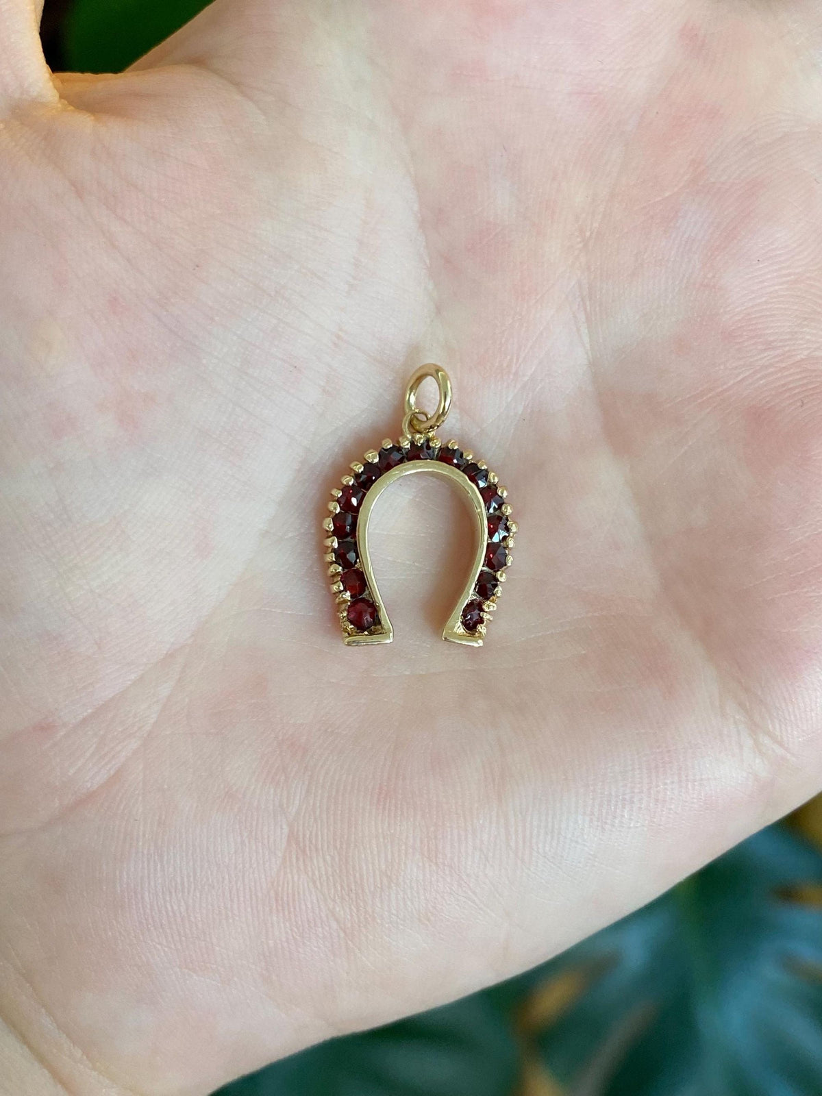 Vintage Solid 14k Yellow Gold Garnet Horseshoe Charm