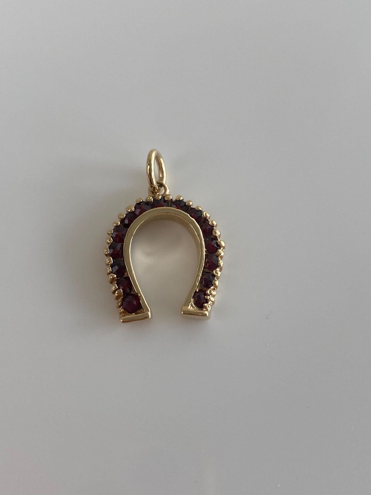 Vintage Solid 14k Yellow Gold Garnet Horseshoe Charm