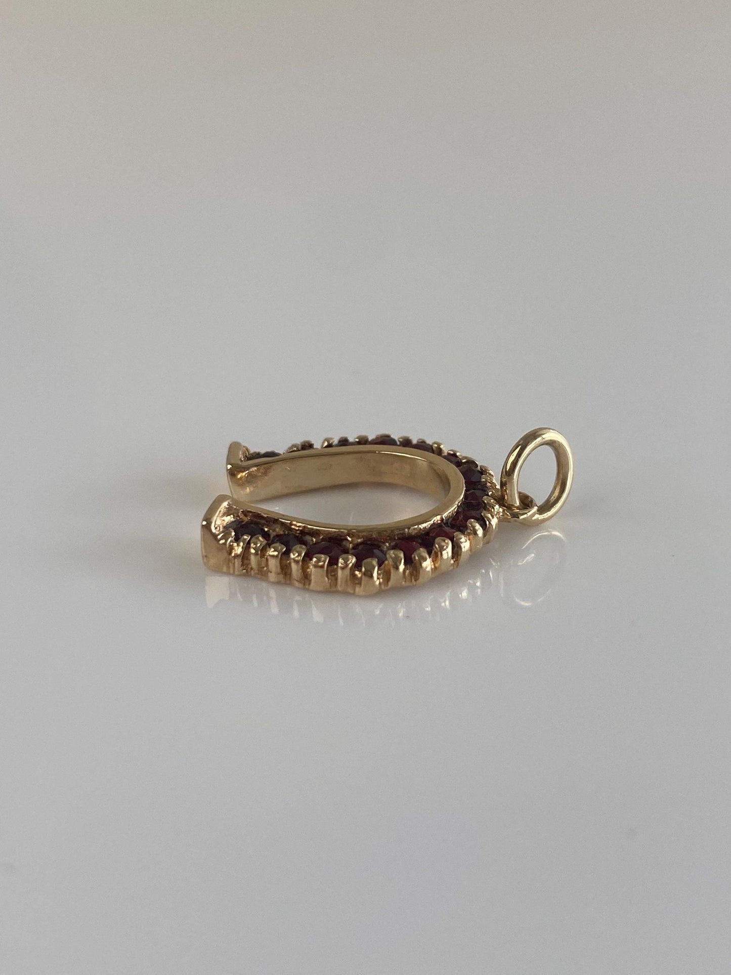Vintage Solid 14k Yellow Gold Garnet Horseshoe Charm