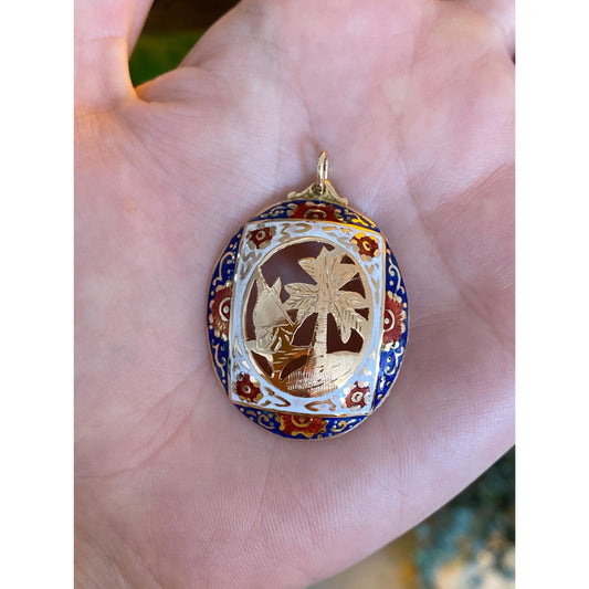 Vintage Solid 14k Yellow Gold Enamel Island Charm