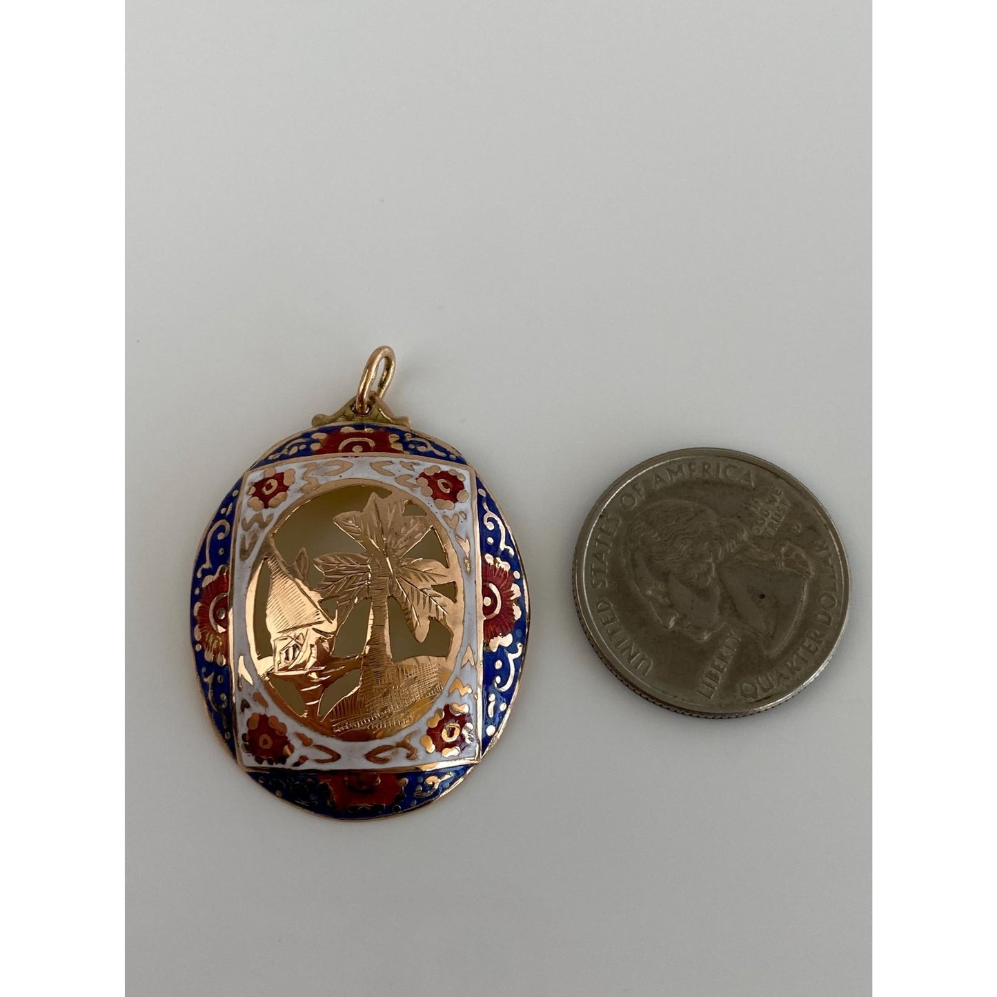 Vintage Solid 14k Yellow Gold Enamel Island Charm