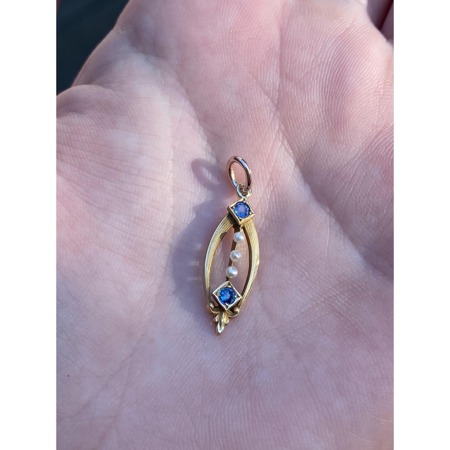 Vintage Solid 14k Yellow Gold Blue Spinel Seed Pearl Charm