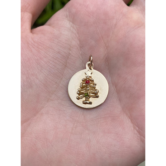 Vintage Solid 14k Yellow Gold Colored Stone Christmas Tree Charm