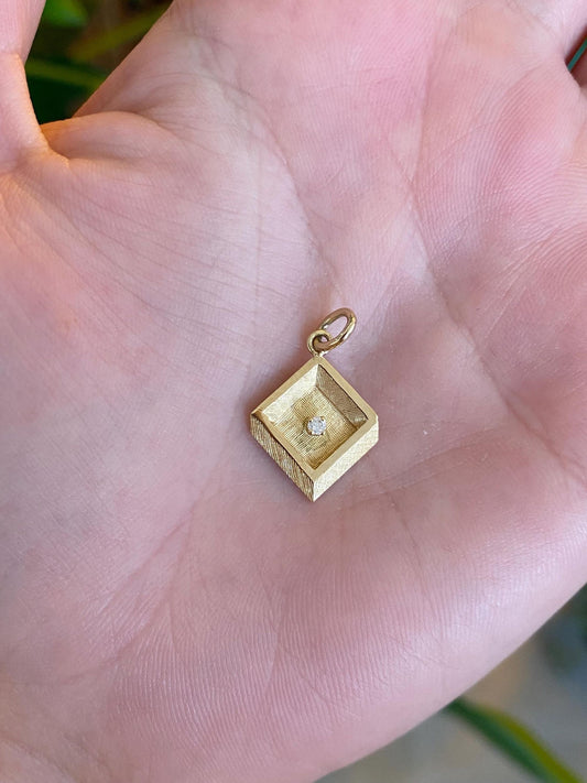 Vintage Solid 14k Yellow Gold Diamond 3D Box Tie Tack Conversion Charm