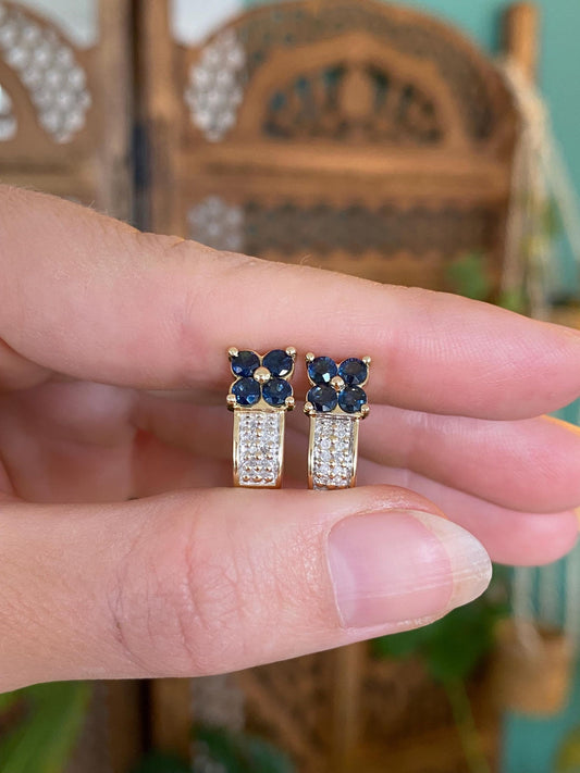 Vintage Solid 14k Yellow Gold Diamonds Blue Spinel Flower Drop Earrings
